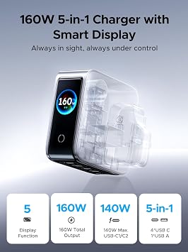 UGREEN 160W USB C Charger Nexode Pro 5-Port Fast Charger GaN Smart Display | & Touch Control, 140W PD 3.1 USB C Charging Station for MacBook Pro/Air, iPad Pro, iPhone 17/16/15, Galaxy S26/S25,etc