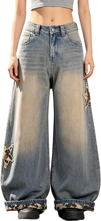 Baggy Jeans for Women Teen Girls Y2k Star Camo Cufffed Patchwork Wide Leg Jeans Vintage Street Loose Denim Pants
