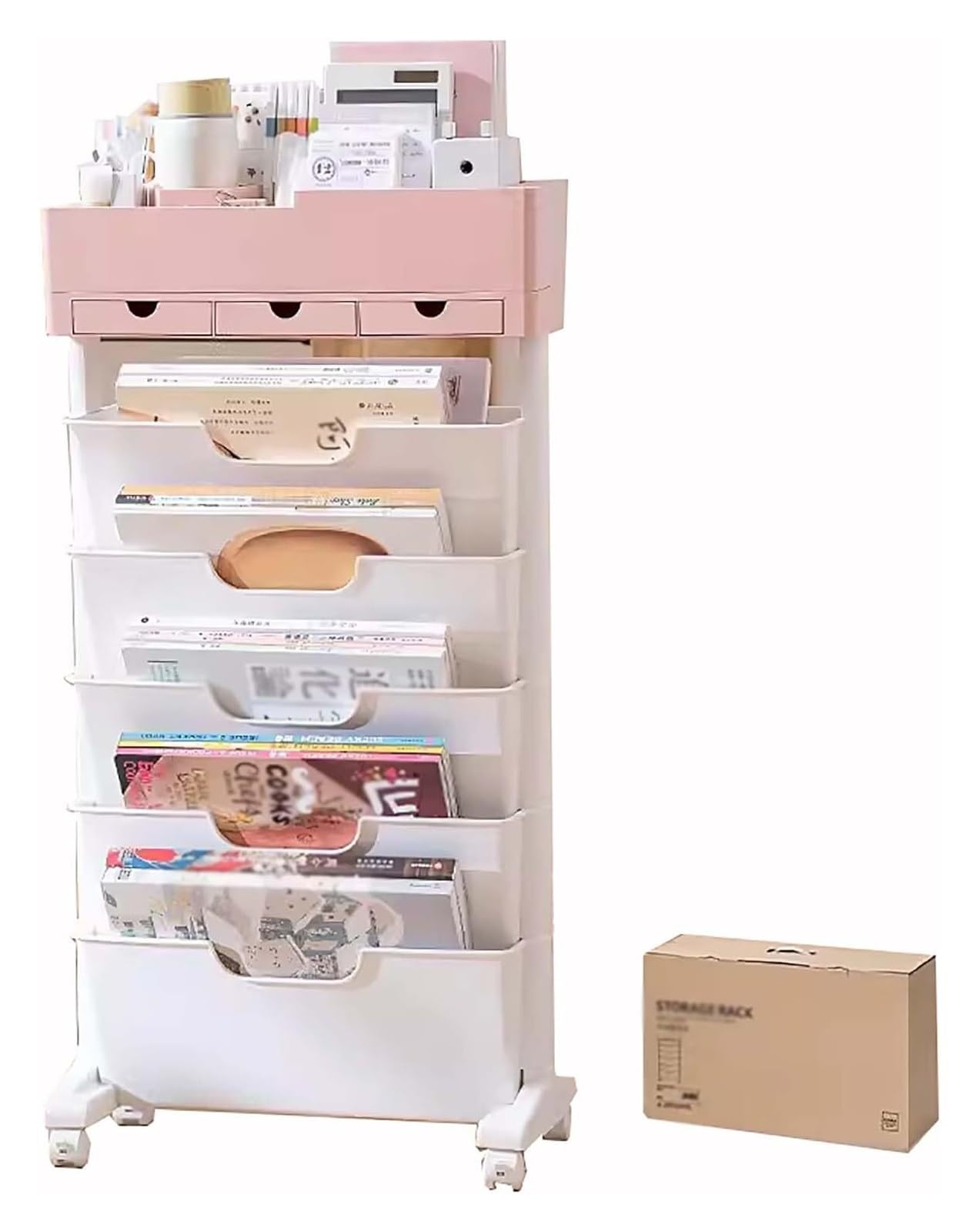TUOYIBO Book CartMobile Shelf, Mobile Bookshelf with Wheels, 6 Tier Rolling Cart with Wheels, Storage Cart, Mobile Shelving, Slim Trolley with Drawers for Bedroom, Salt