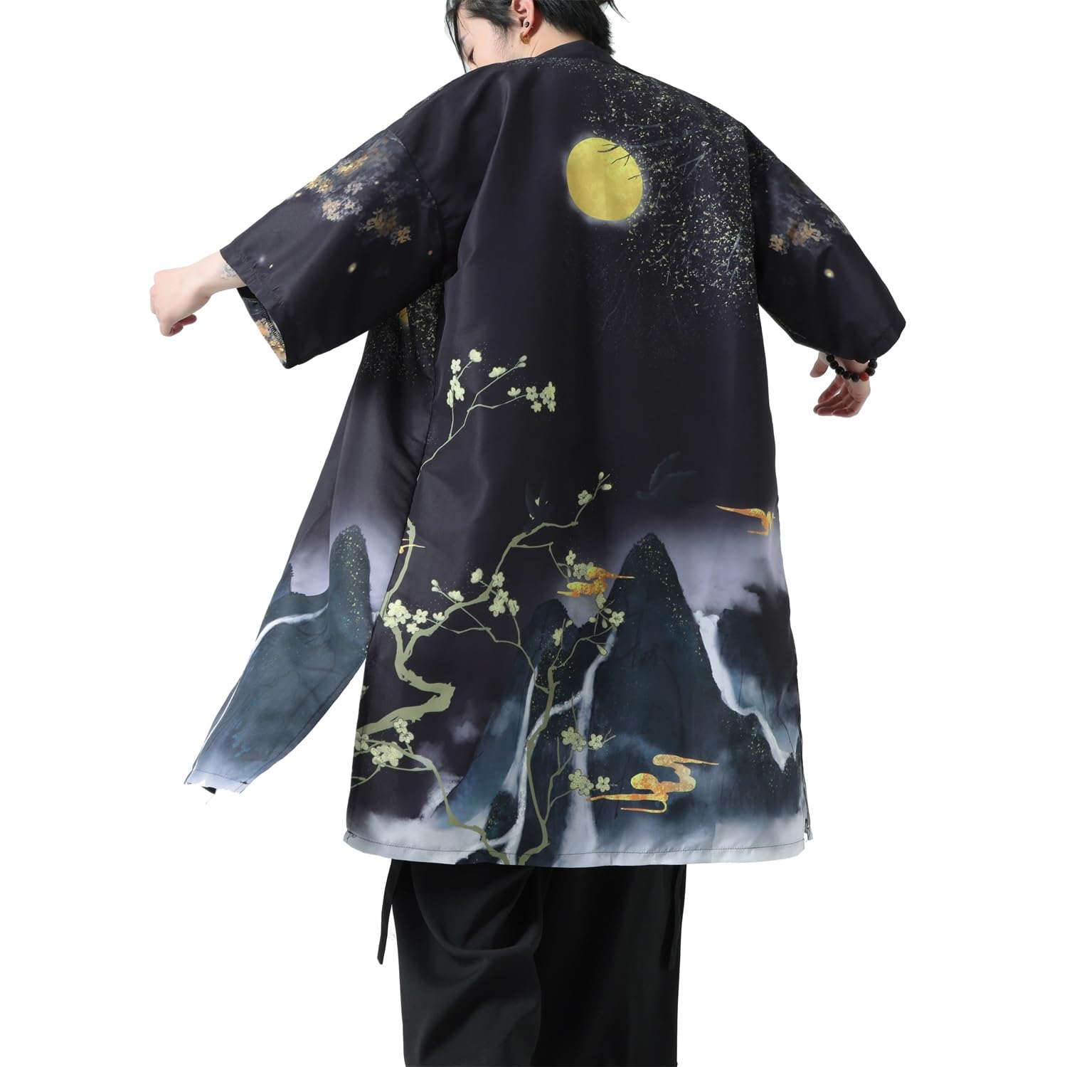 Seidarise Men’s Demon Slayer Haori, Long Kimono Cardigan Jacket Japanese Style Flying Crane Seven Sleeves Open Front Coat