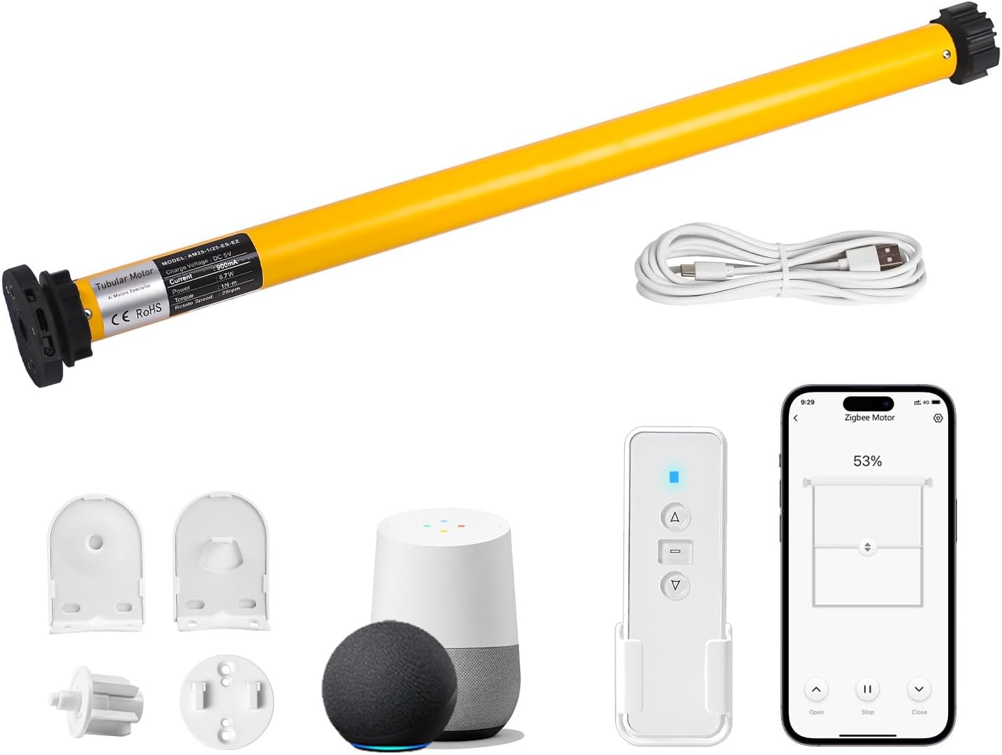 AM25 Zigbee Smart Blinds Motor for 1.5" Shade Tube, Type-C Rechargeable Window Shade Motor, 10 lbs Load Capacity, DIY Motorized Zebra/Roman/Roller Blinds, Compatible with Alexa & Google Home