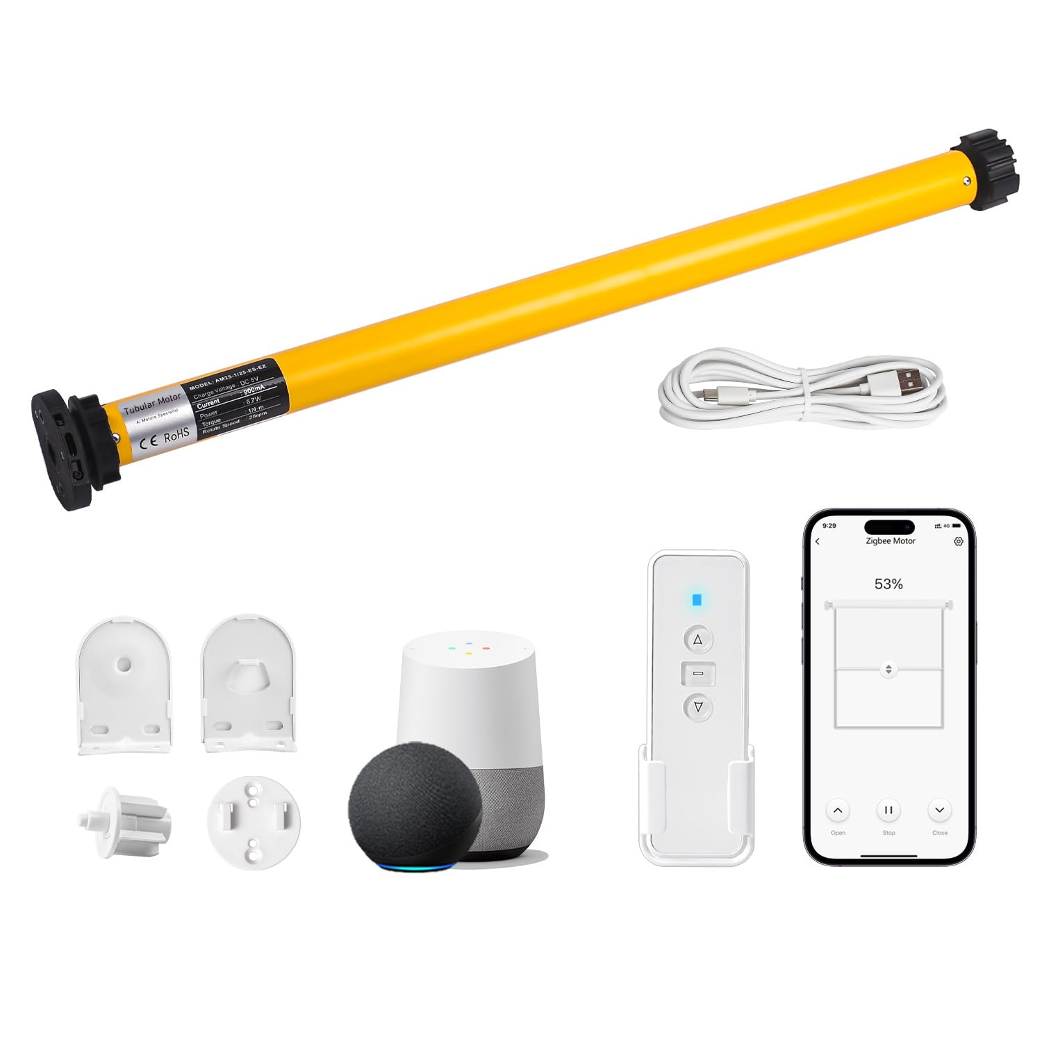 AM25 Zigbee Smart Blinds Motor for 1.5" Shade Tube, Type-C Rechargeable Window Shade Motor, 10 lbs Load Capacity, DIY Motorized Zebra/Roman/Roller Blinds, Compatible with Alexa & Google Home