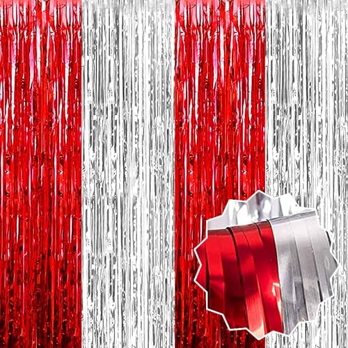 Image of 3 Pack Red Silver Foil Fringe Curtains Backdrop, 3.28 x 9.8 Ft Metallic Streamers Tinsel Curtains Background for Photo Booth, Carnivals, Birthdays, Weddings, New Year Party Decorations