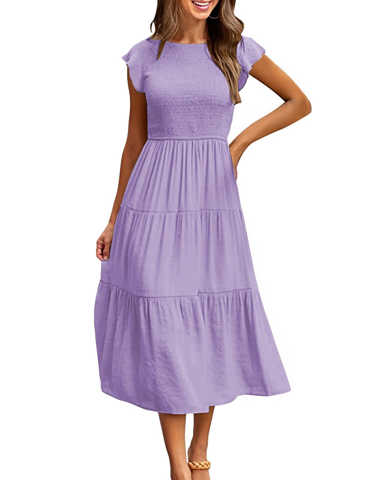 Yuson Girl Kleid Damen Sommerkleid Lang Casual Rundhals Flatterärmel Maxikleider Sommer Knielang Strandkleid Elastische Taille Lang Kleider Gestuftes Rüschen A Linie Kleid