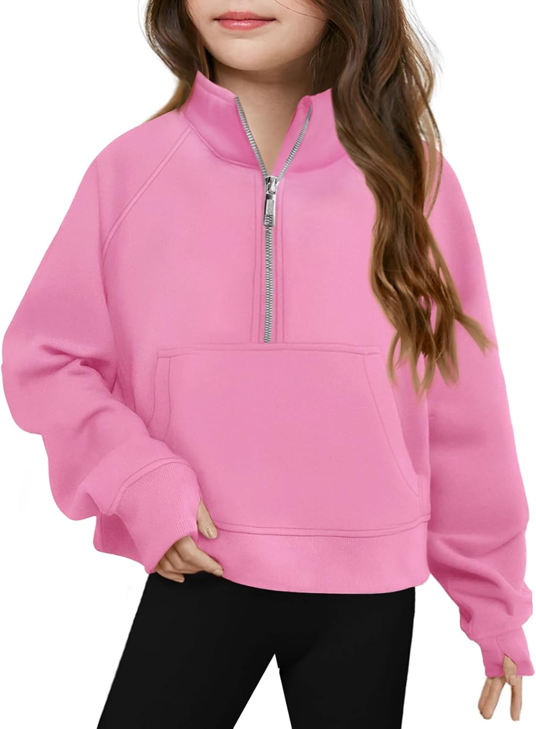 Haloumoning Girls Half Zip Sweatshirt Long Sleeve Pullover Crop Tops Kids Lightweight Fleece Fashion Winter Clothes