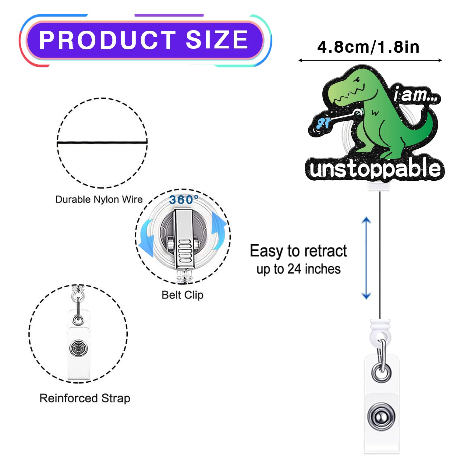 Funny Dinosaur Badge Reel For Nurses & Teachers – Retractable ID Holder With 24” Cord & Alligator Clip, Cute Office Accessory - View #6