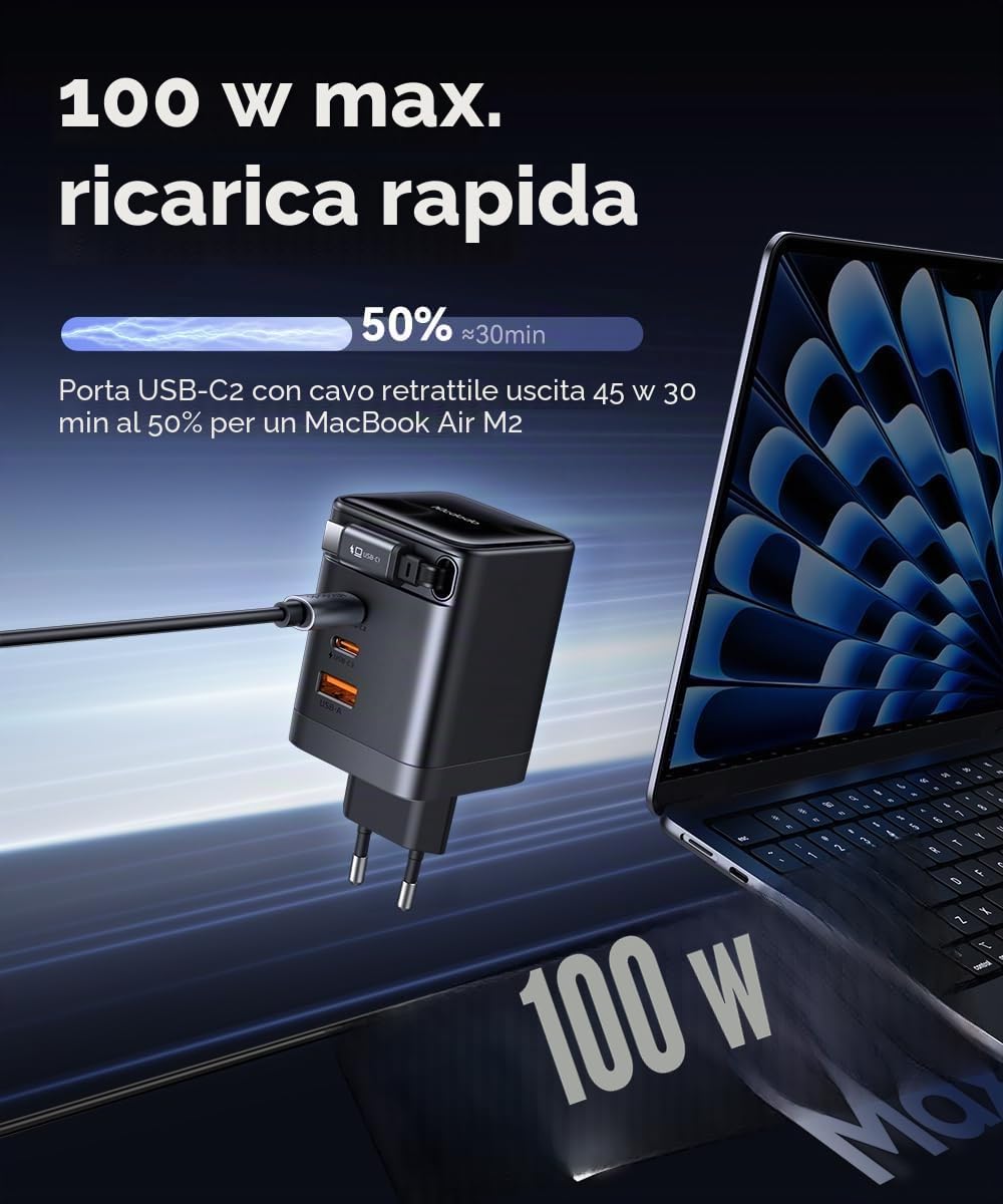 Mcdodo 100W Caricatore USB C con Cavo Retrattile, Alimentatore GaN 4-Porte Caricatore Veloce con Cavo Retrattile da 70cm per MacBook Pro/Air, iPhone 17/16/15/14, Galaxy S25/S24, iPad Pro, Steam Deck
