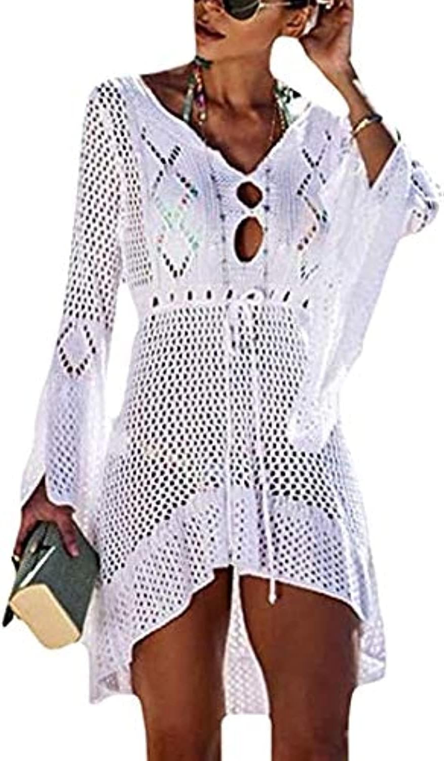 Women Crochet Swimsuit Cover Up Hollow Out Flare Sleeve Beach Dress., One Size