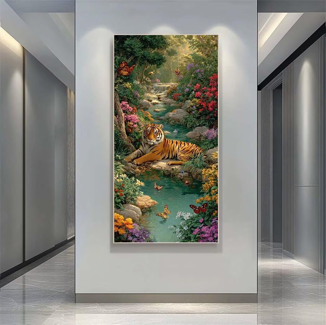 Tiger Diamond Art Kits Adults Large 5D River Flowers Diamond Painting Kits, DIY Full Drill Crystal Art Rhinestone Embroidery Cross Stitch Arts and Crafts for Adults 39.4x78.7 Inch/100x200 cm -LR1146