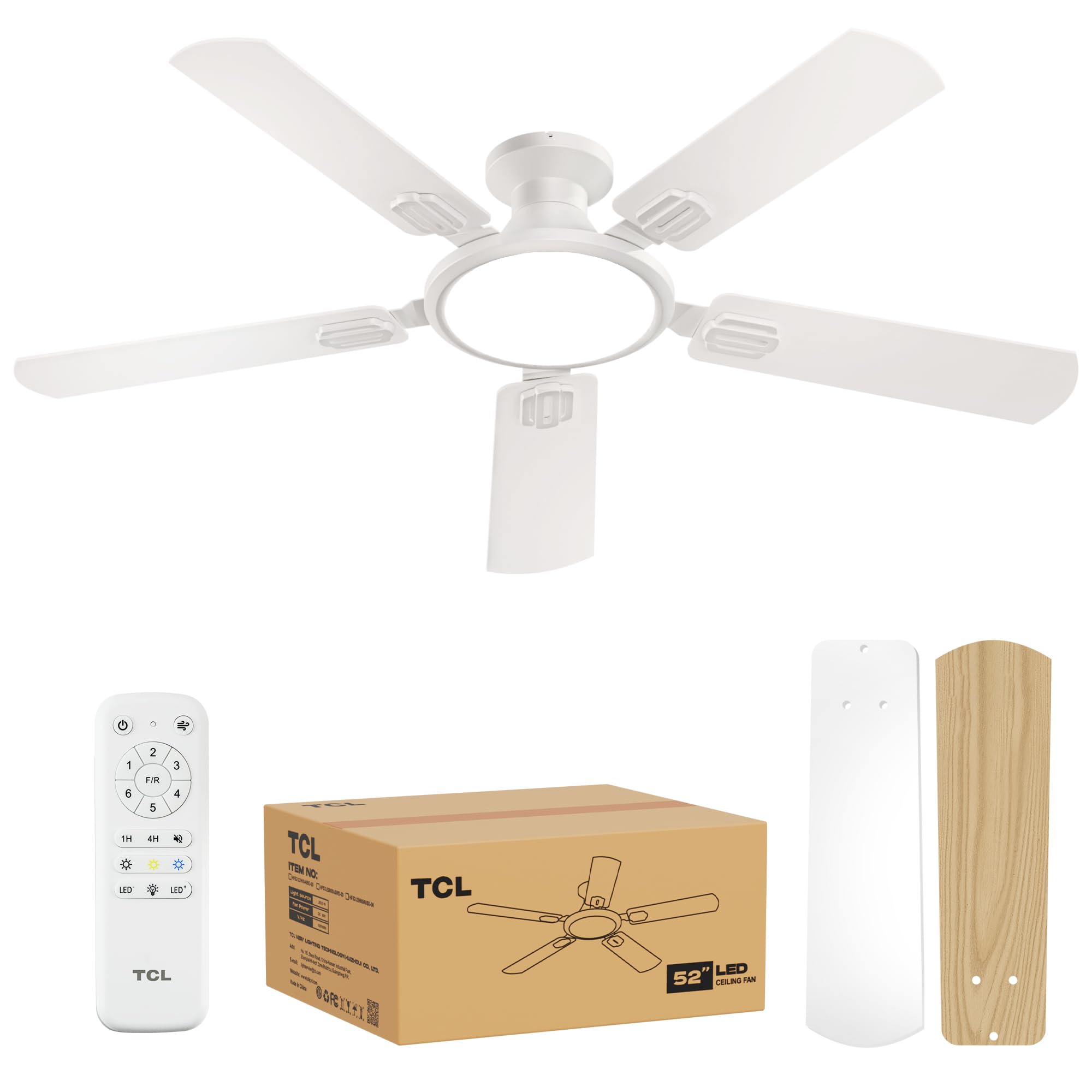TCL 52 Low Profile Ceiling Fan with Light Slim White Flush Mount DC Reversible Motor 6 Speeds Remote