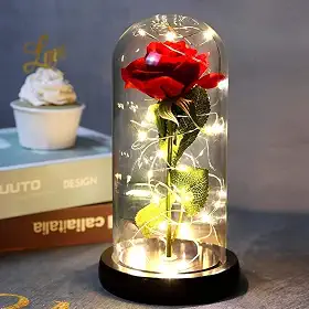 Rosa Eterna em Cúpula de Vidro com LED – Decoração Romântica, Presente para Namorada, Esposa ou Mãe – Flor Artificial 21cm