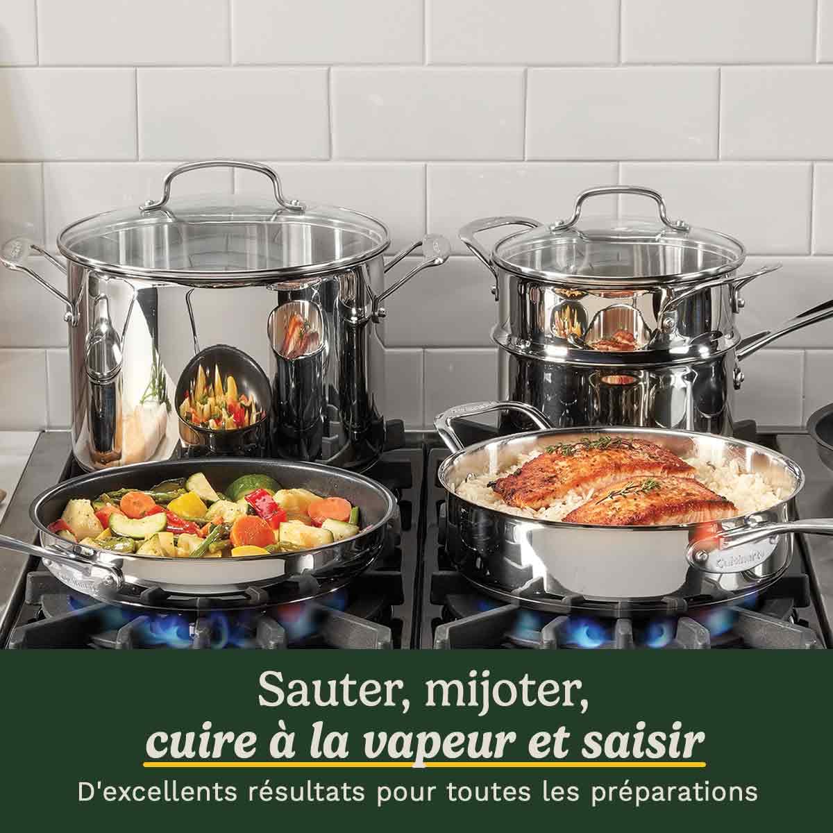 Batterie inox Cuisinart® Chef’s Classic™ 11 pcs : casseroles, poêles, faitout, vapeur | Induction | Fond alu | Poignées Cool Grip™ | Marquages | Couvercles verre | Lave-vaisselle - 7711G