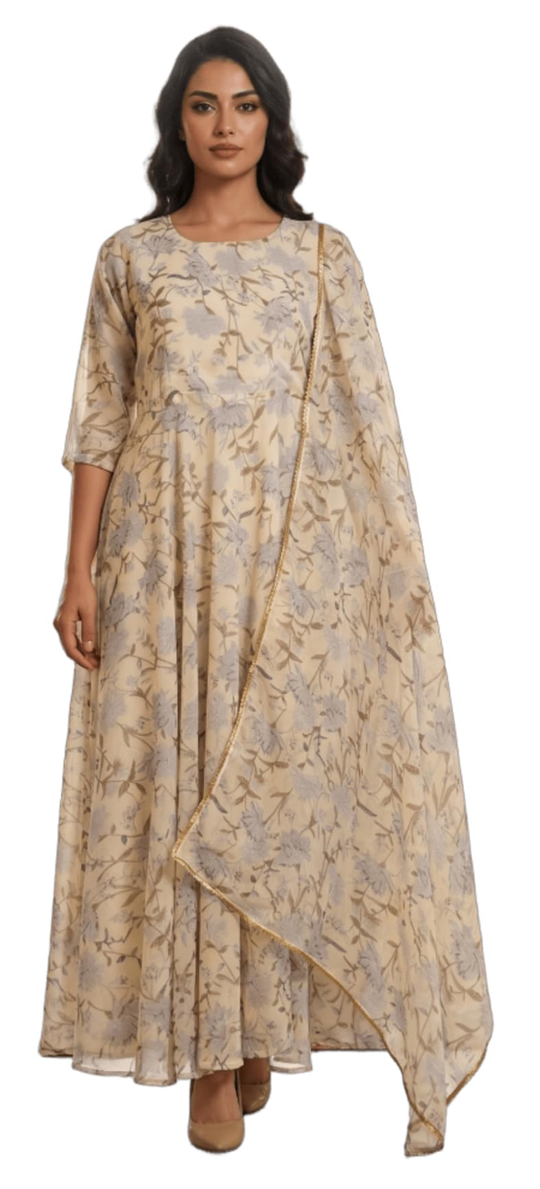Women's Georgette Floral Printed Flared Gown with Dupatta, Cream-image-35