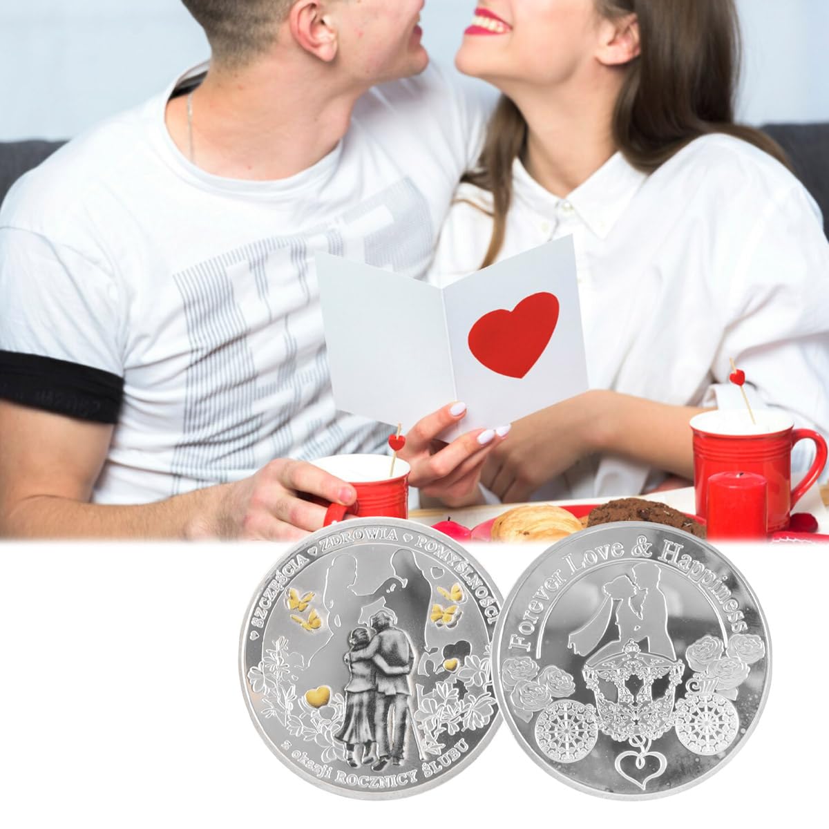 2 monety miłosne "Forever Love Happiness", posrebrzane, Polska, romantyczne małżeństwo, przedmiot kolekcjonerski, prezent na rocznicę ślubu