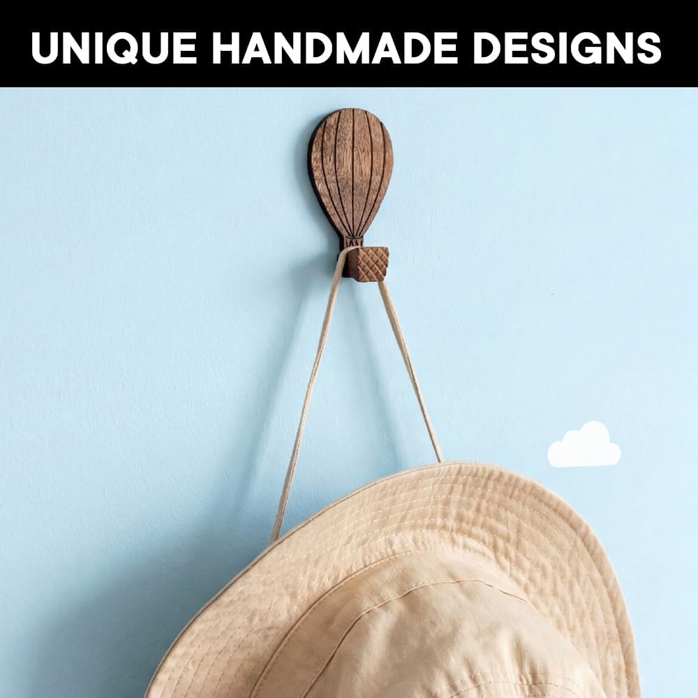 Indian Shelf Rocket, Hot Air Ballon Decorative Wood Adhesive Wall Hooks for Coats – 2 Hat Hook 4 Strips, Waterproof Towel Holder, No-Drill Hangers for Bathroom – Cute Kids Key Holder for Wall