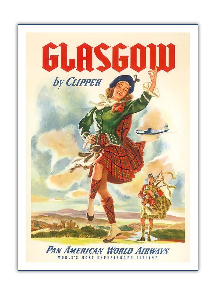 Affiche avion c.1951 Pan American Glasgow Ecosse impression d'art vintage en papier bambou 31x41cm