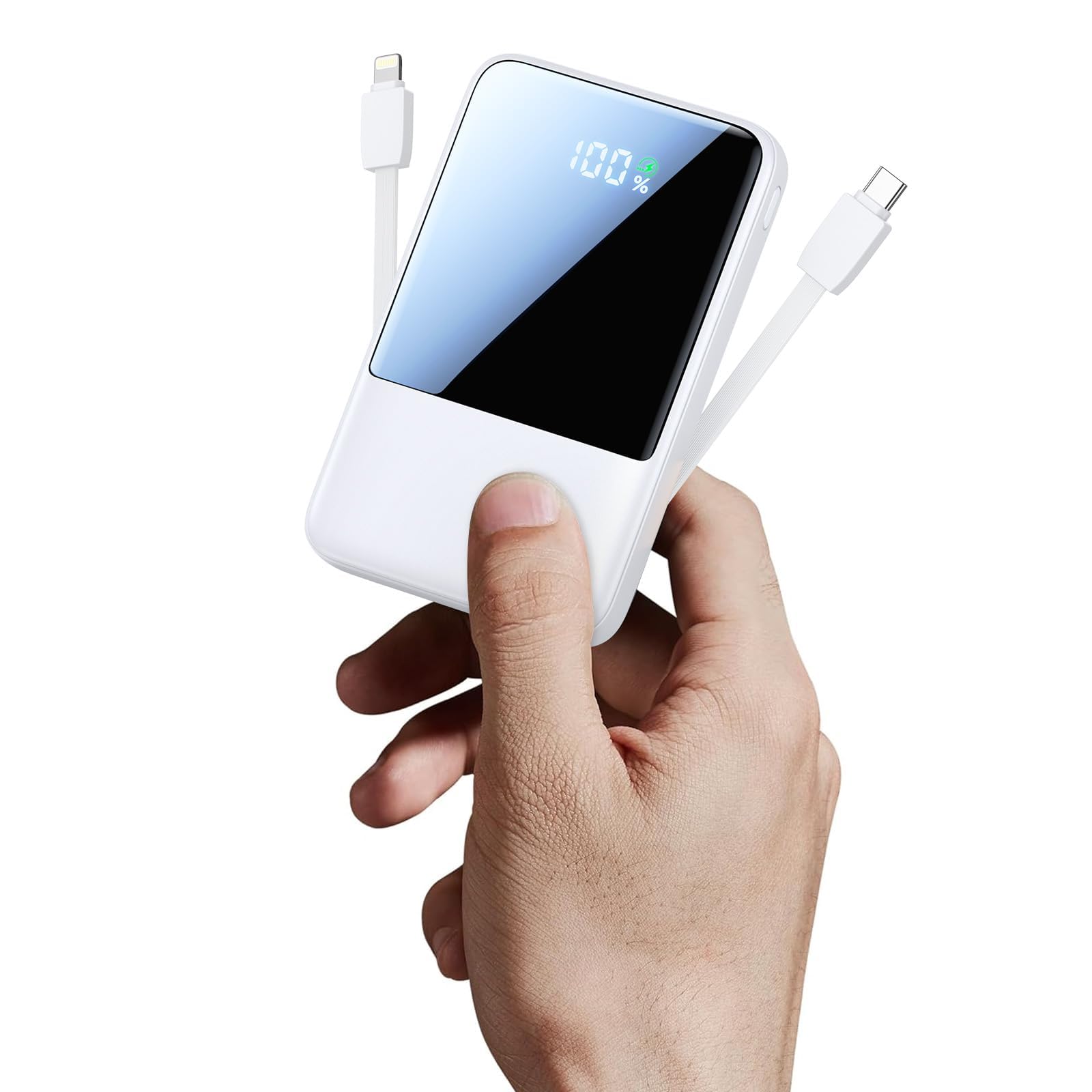 Aioneus Power Bank, mini power bank (piccolo 10000 mAh 22,5 W PD ricarica rapida), con 2 cavi integrati (USB-C + Lightning), batteria esterna per iPhone 16/15/14 Pro Max, Samsung, iPad Air, Xiaomi