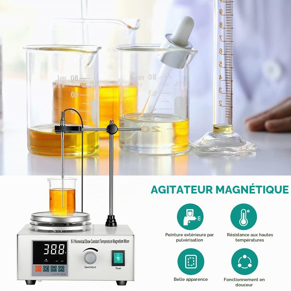 Agitateur magnétique 200W 1000ML avec Affichage numérique de la température et réglage de la Vitesse Mélangeur magnétique avec Plaque chauffante et Barre d'agitation magnétique