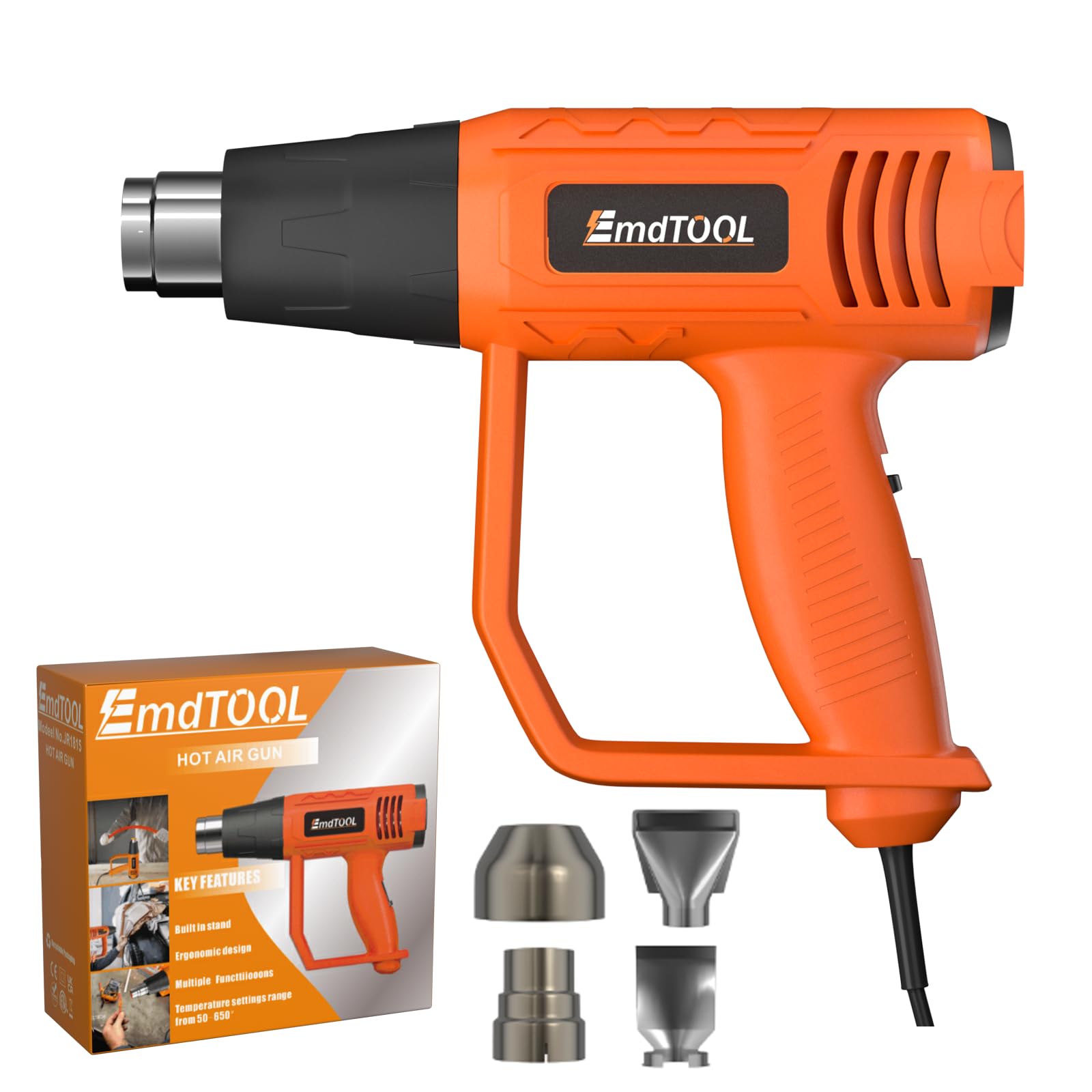 VickyHome 2000W Heat Gun for Paint Stripping, Variable Speed Industrial Hot Air Gun Kit with 4 Attachments, 1.5s Fast Heating for Paint Stripping, Heat Shrink and Crafts, Orange