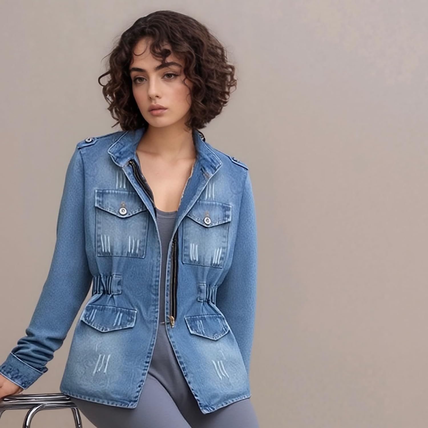 Military Style Denim Jacket, Distressed Detail, Multi-Pocket Design with Zip Front, Light Blue