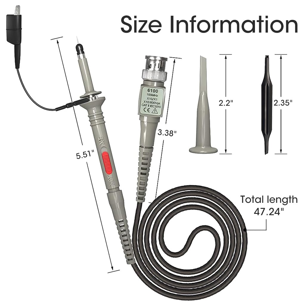 Serplex® P6100 Oscilloscope Clip-On Probe Oscilloscope Kit 100 MHz 600V DC High Sensitivity Oscilloscope Clip-On Probe w/Accessory Kit 1X 10X, DSO-TC2/DSO-TC3 Compatible (2 Pack) - Image 2 thumbnail