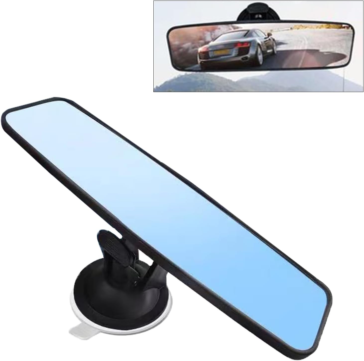 gunhunt1 PC Rear View Mirror with Suction Cup, Car Panoramic Rearview Mirror, 8.7" x 2.6" with Adjustable Suction Cup Rearview Mirror, HD Windshield Rear View Mirror for Car Auto Truck SUV (Blue)