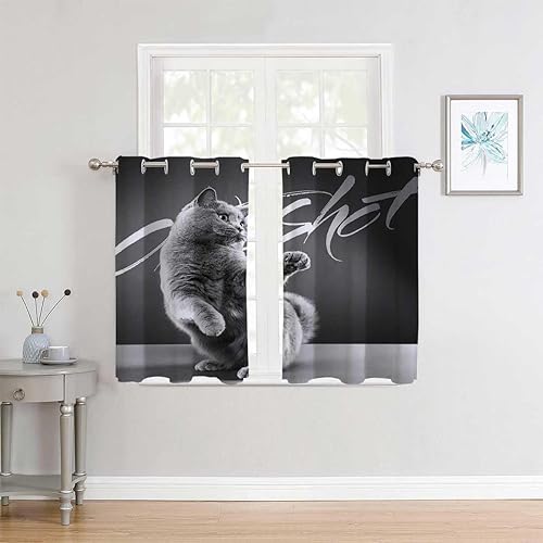 Miniatura 3 de Paraban para Dividir Espacio Black and White Cat Grommet Short Curtains for Patio Doors Cortinas para Ventanas De Cuarto 85Inch Width by 108Inch