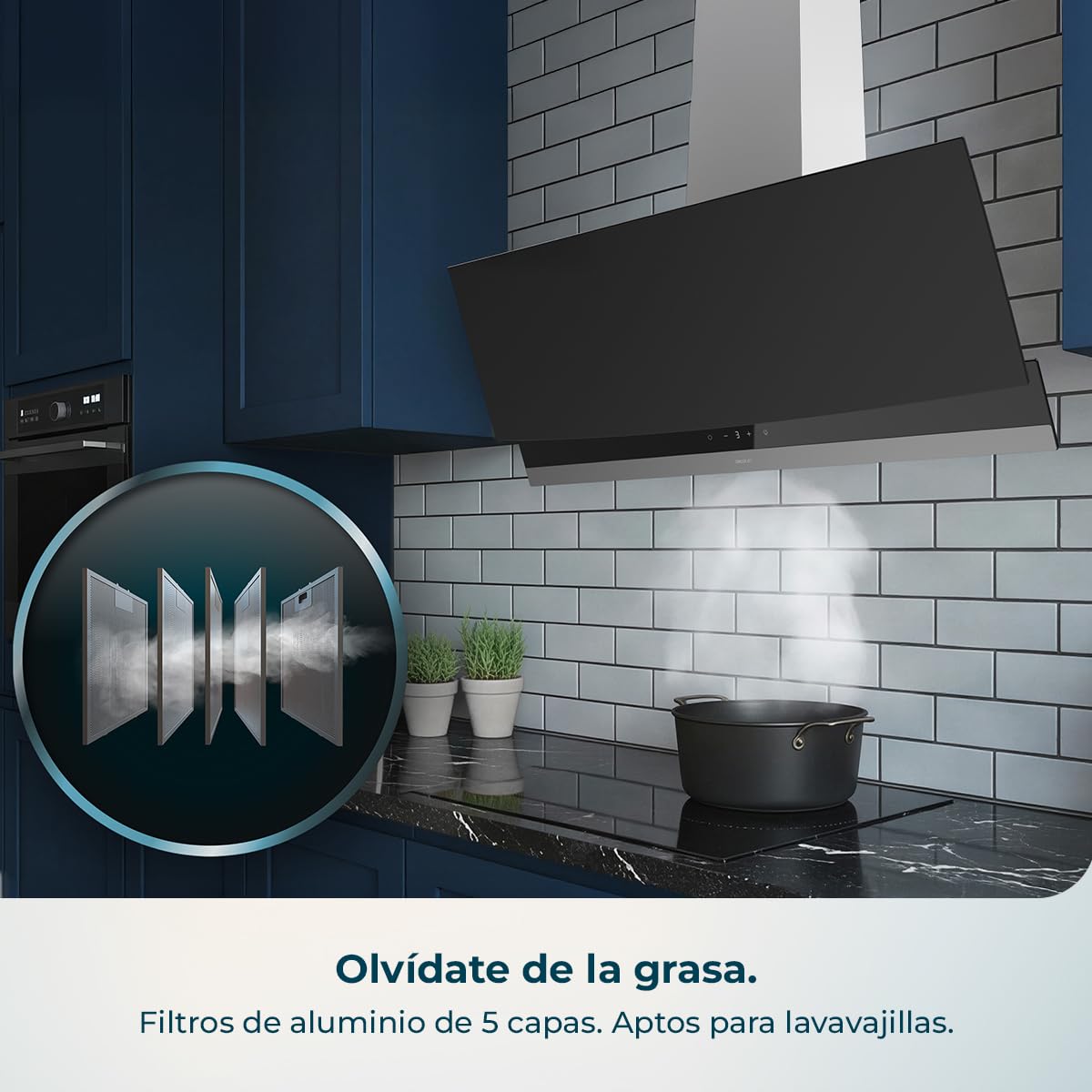Cecotec Campana Extractora 60cm Decorativa Bolero Flux DT 604400 Matt Black A+++. Succión 416,5m³/h, 3 Velocidades, Bajo Consumo, Motor DC, Control de Movimiento y Táctil, Cristal Mate, Cuerpo Inox