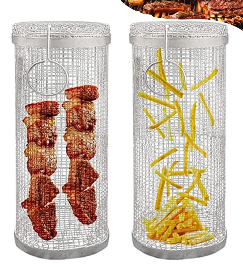 Set 2 Cestelli Per Barbecue In Acciaio Inox Con Manico Legno - Griglia Per Verdure E Carne - Foto 9