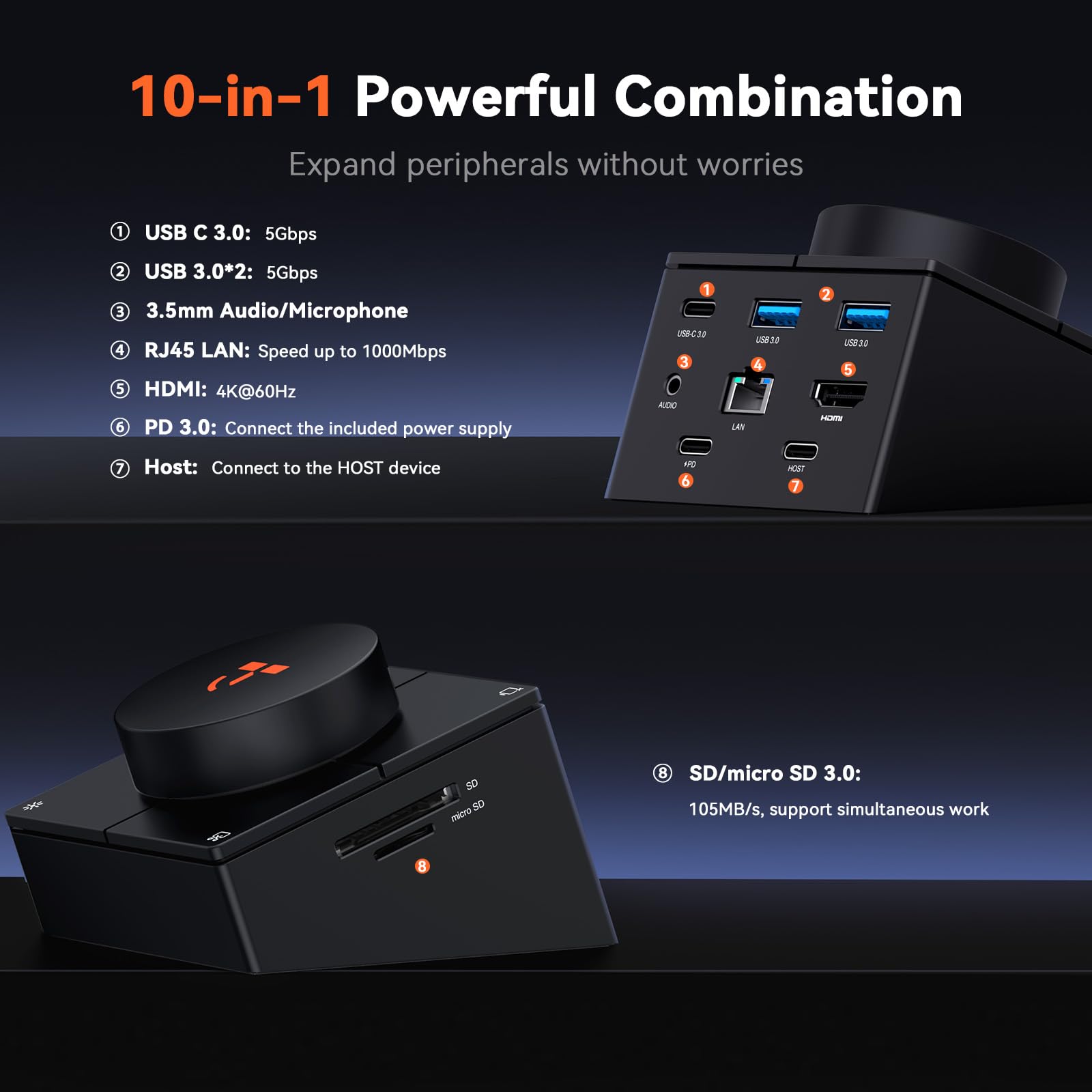 TobenONE Hub USB C 10 w 1 z klawiszami skrótów, pokrętłem głośności, HDMI 4K | 100 W PD, 3 USB, Ethernet, Audio, SD/microSD, stacja dokująca do laptopa MacBook, Windows, Chrome, iPad