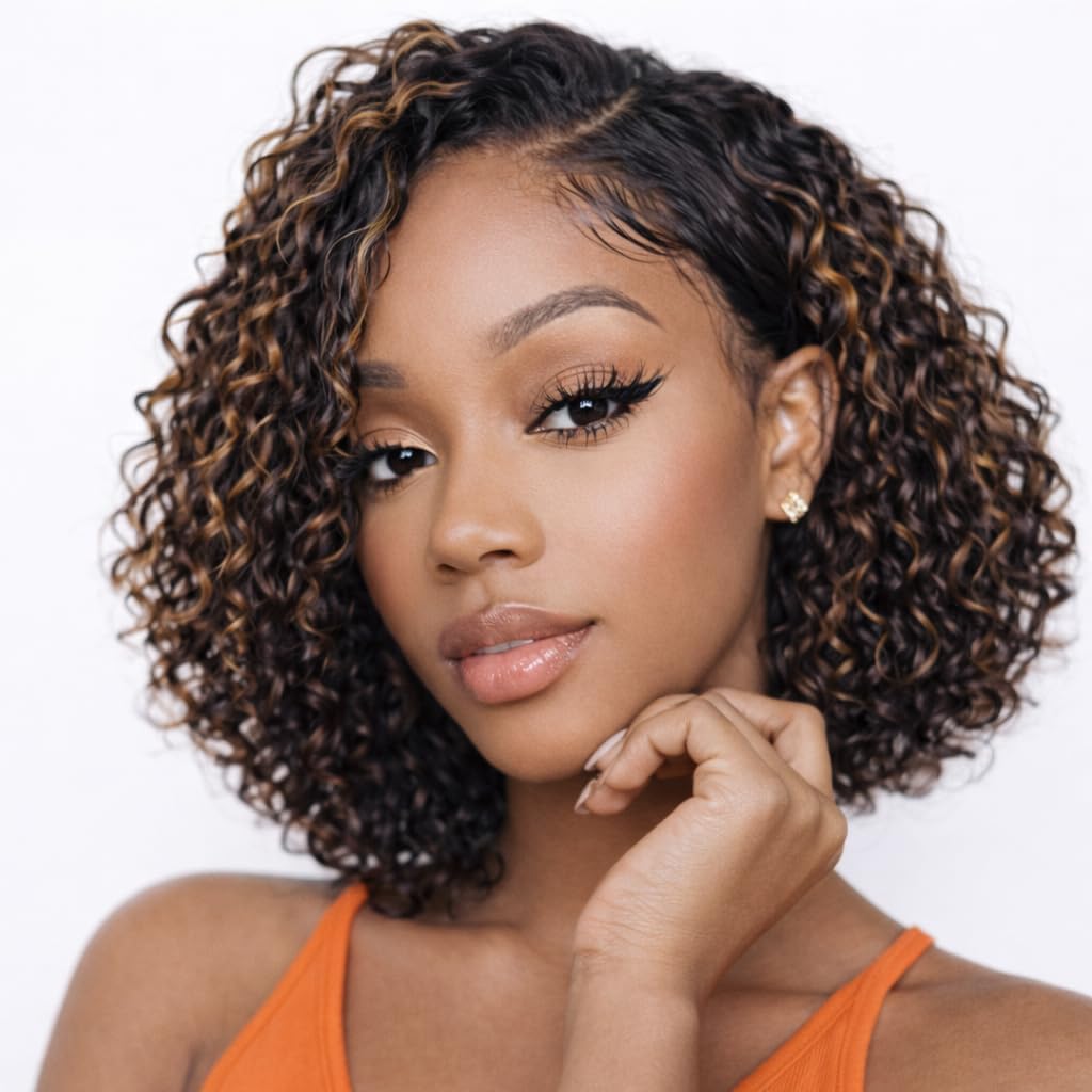 Glueless Curly Human Hair Wig Highlight Ombre Lace Front Wigs Human Hair Pre Plucked 1B/30 Black Brown Deep Wave Bob Closure Wigs 14 Inch