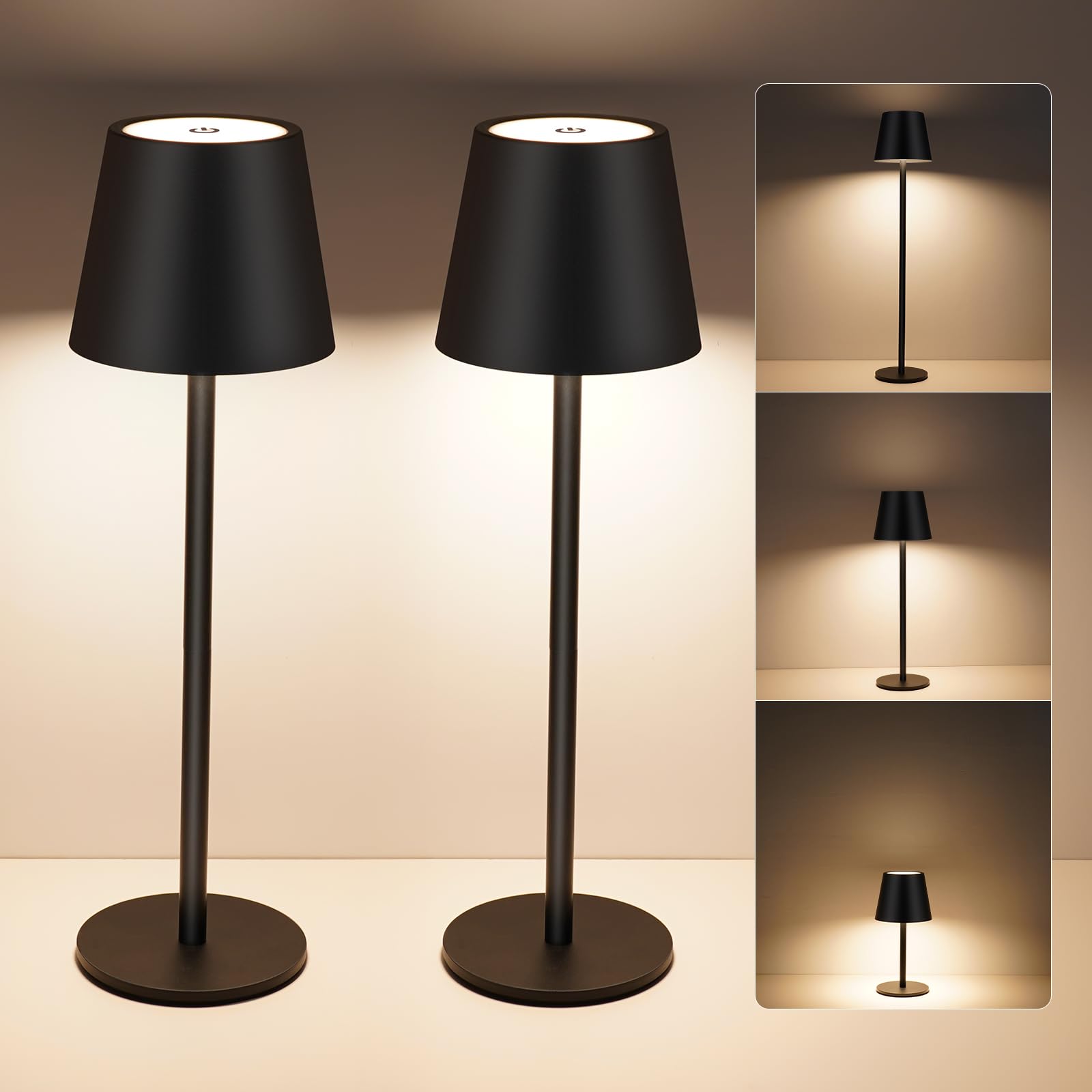 Black Cordless Table Lamp Set of 2 - 8-20 Inches Adjustable Height, 5000mAh Rechargeable Battery LED Desk Lamp, 3 Color Stepless Dimmable, Portable Waterproof Metal Table Light for Indoor/Outdoor