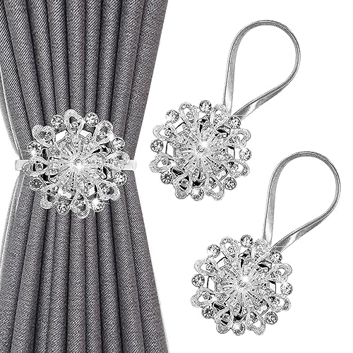 IAGORYUE Curtain Tie Back 2 Pcs Crystal Magnetic TieBacks for Curtains Hold Drapery Holdback Clip with Metal Spring Rope Home Office Hotel Window Treatment Deco No-Install/Drill/Hook - Silver + 2 Pack