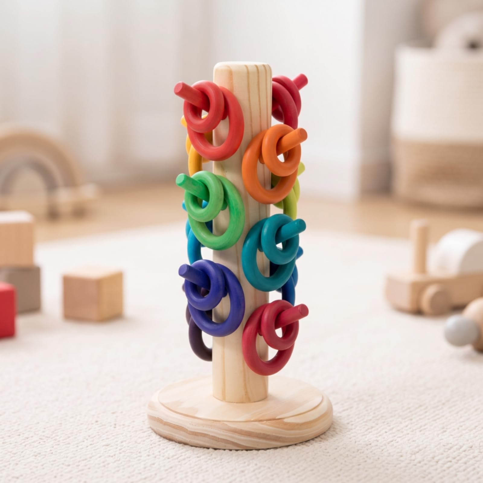 Torre da Impilare in Legno Moderna, Albero Arcobaleno, Versione Macaron, Peso 0,6 Kg, 13,5 × 13,5 × 25 Cm