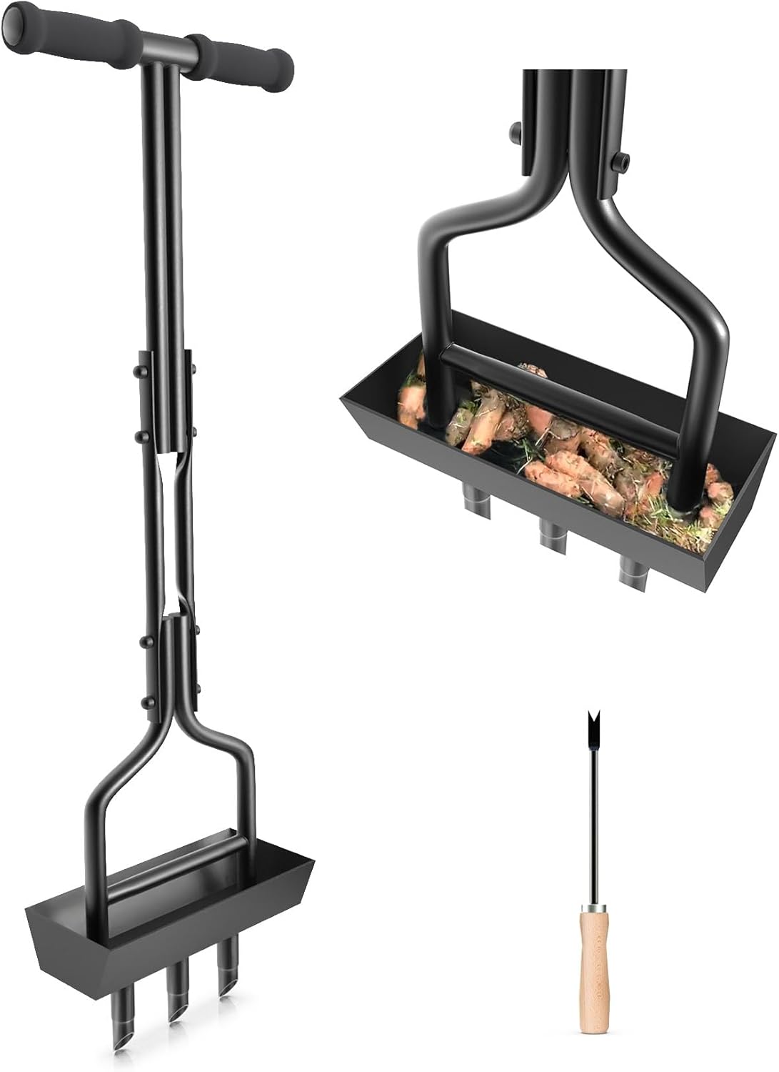 Lawn Aerator, Core Aerator with Soil Core Storage Tray, Manual Grass Aerator with 3 Tine, Coring Aerator Lawn Tool Plug Aerators for Lawn Care