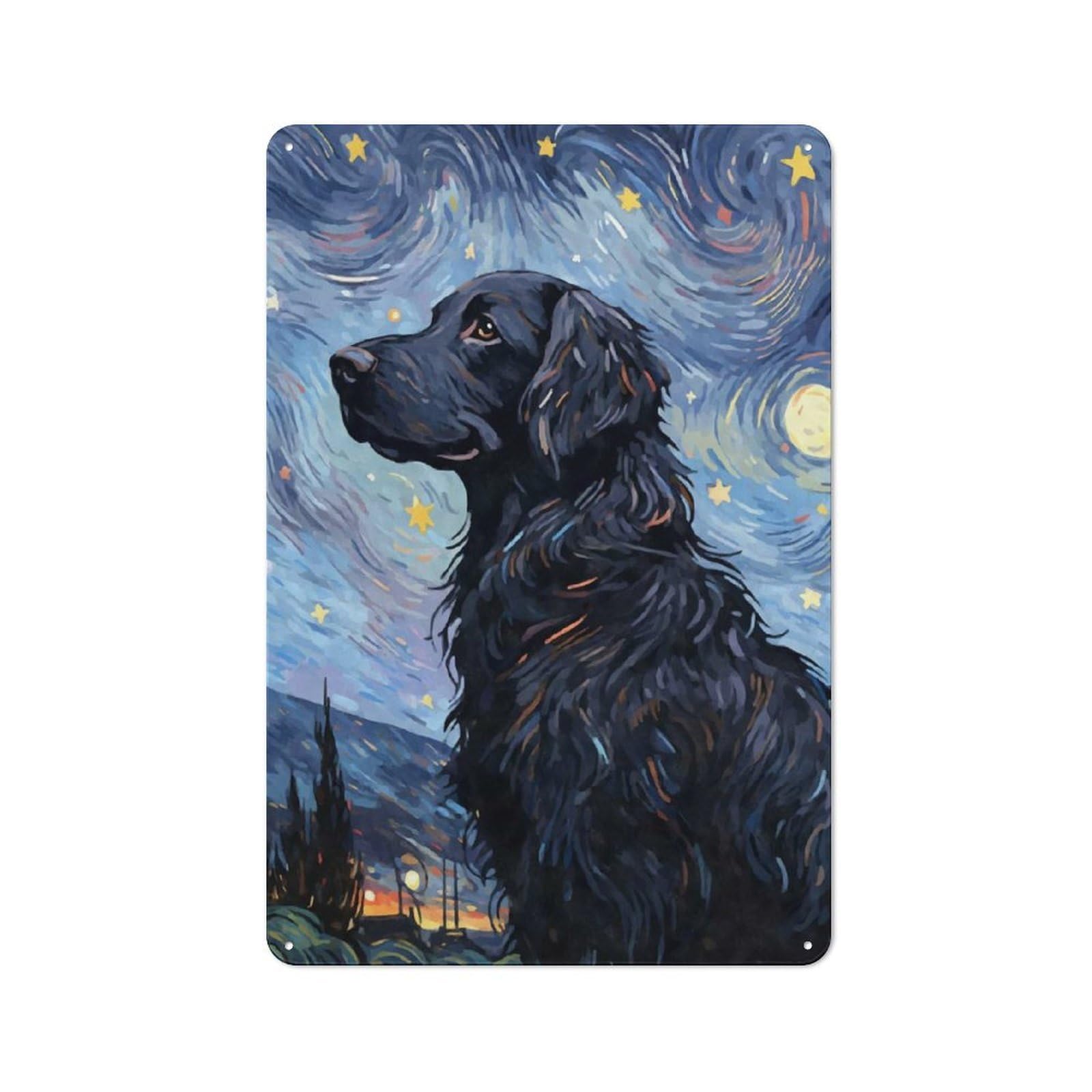 Junmoney Style-16 Metal Wall Sign 30X20cm Featuring Flatcoated Retriever Night For Workshop Wall, For Room Styling Across Workshops And Hobby Rooms