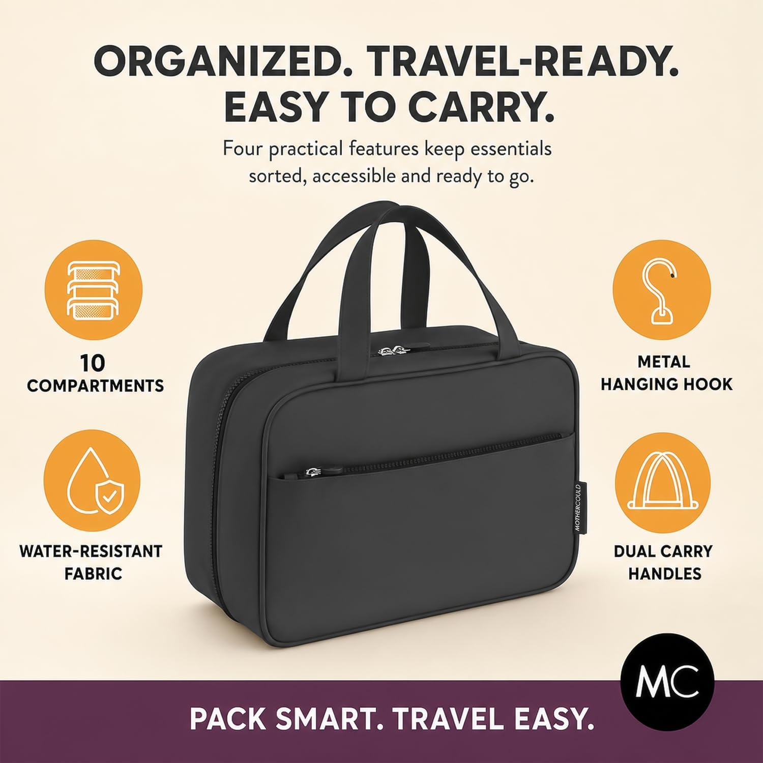 Mothercould Large Travel Toiletry Bag for Men & Women, Makeup Bag, Black