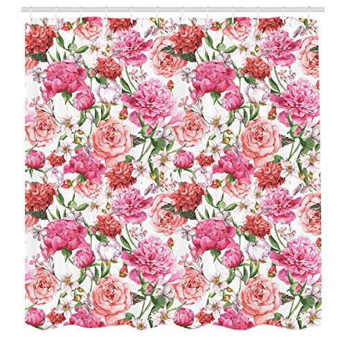 Ambesonne SC_13889_FLOWER_06.11 Watercolor Flower Shower Curtain, Victorian Floral Pattern Painting Style Print With Peonies Roses, Cloth Fabric Bathroom Decor Set thumb #1