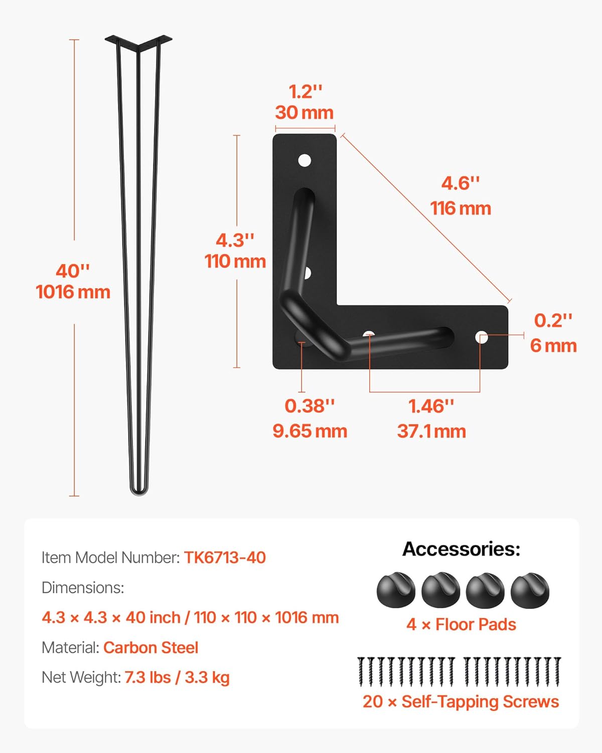 VEVOR Hairpin Table Legs 40" Black Set of 4 Desk Legs 880lbs Total Load Capacity Hairpin Desk Legs 3 Rods for Bench Desk Dining End Table Chairs Carbon Steel DIY Heavy Duty Furniture Legs