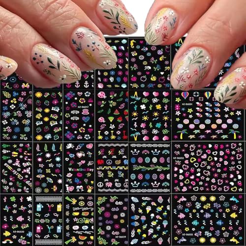 30 Sheets Colorful Flower Nail Art Stickers Cute Kids Nail Stickers for Nail Art, 3D Self-Adhesive Colorful Ocean Glitter Floral Fruit Heart Decals for Women and Girl Manicure Decoration Accessories