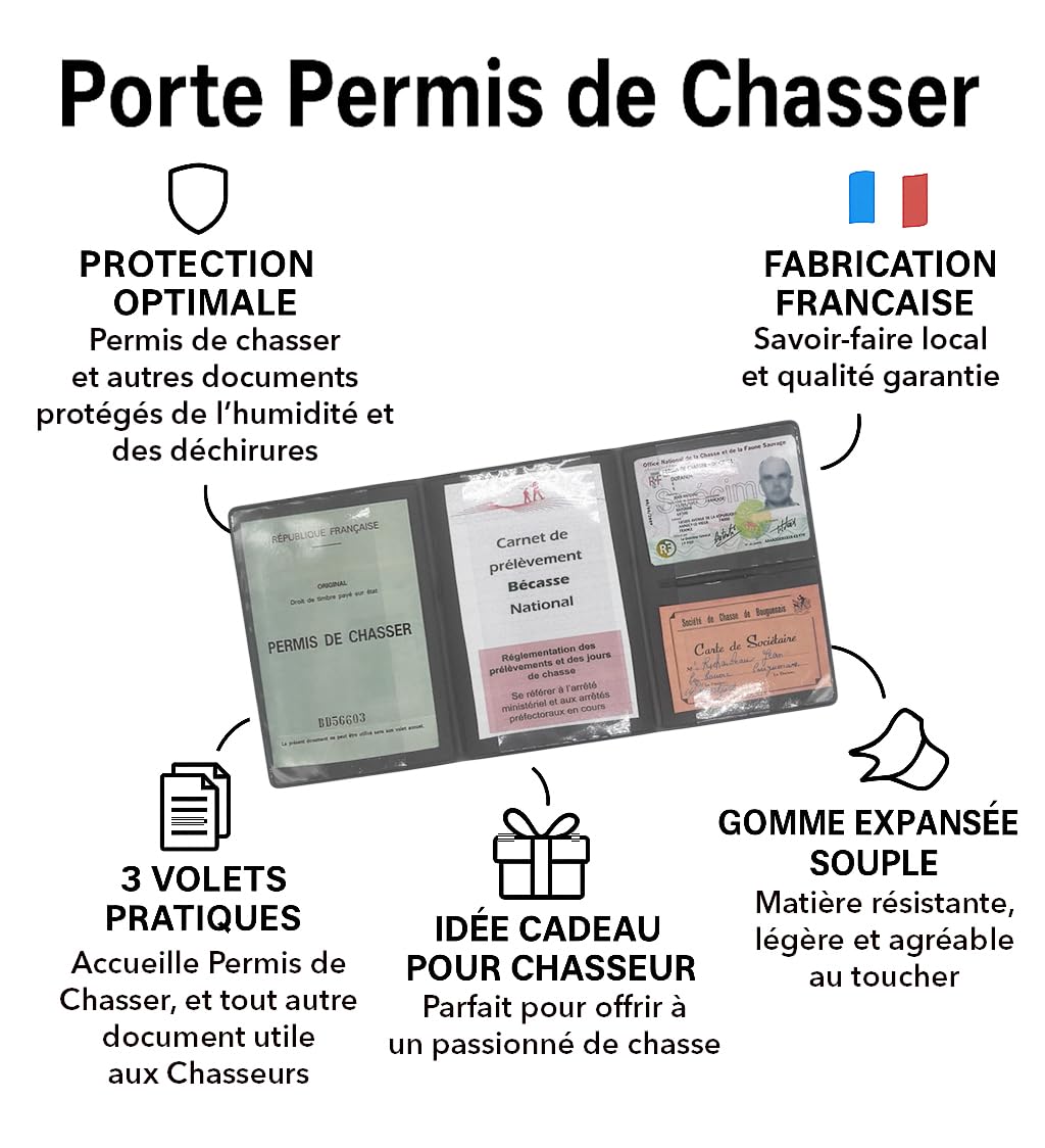 nemau - Porta permesso di cacciare 3 persiane - Gomma espansa - Made in France - Custodia protettiva Document Caccia - Compatibile con carte e assicurazione cacciatore - Modello selvaggine e cervidi