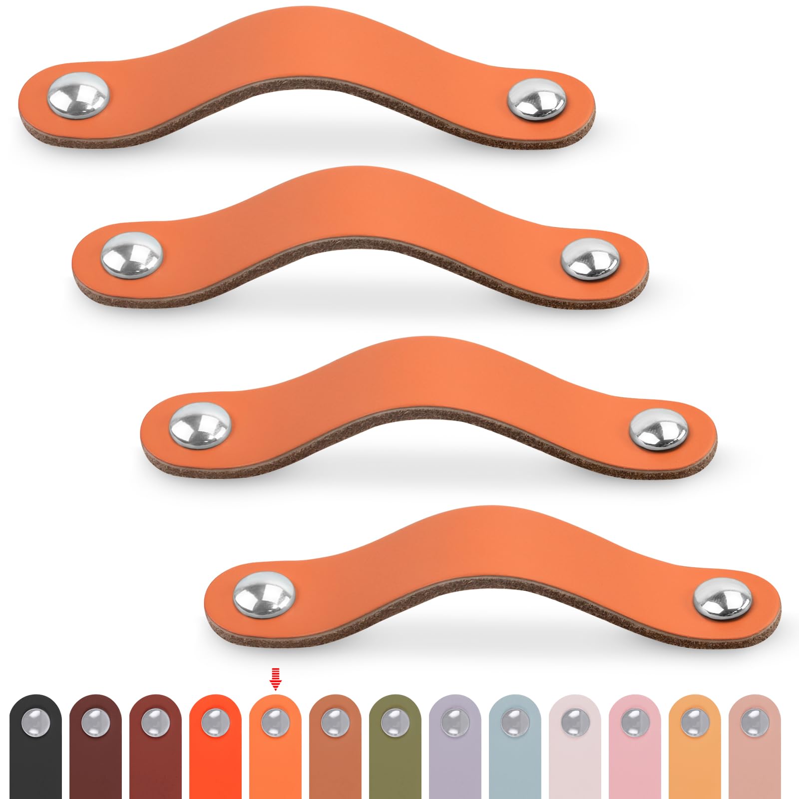 LEREATI Leather Drawer Pulls 4pcs 96mm Cupboard Handles Faux Leather Drawer Handles Door Knobs with Screws for Kitchen Bathroom Cabinets Dresser (Light Orange, After Installation: 96mm Hole Center)