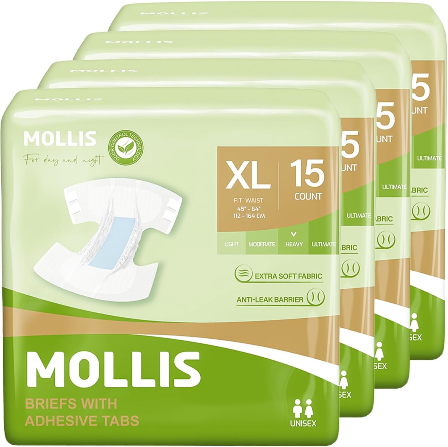 MOLLIS Adult Diapers for Women and Men, Unisex Disposable Incontinence Briefs with Tabs, Odor Control, XLarge, 60 Count (4 Packs of 15)
