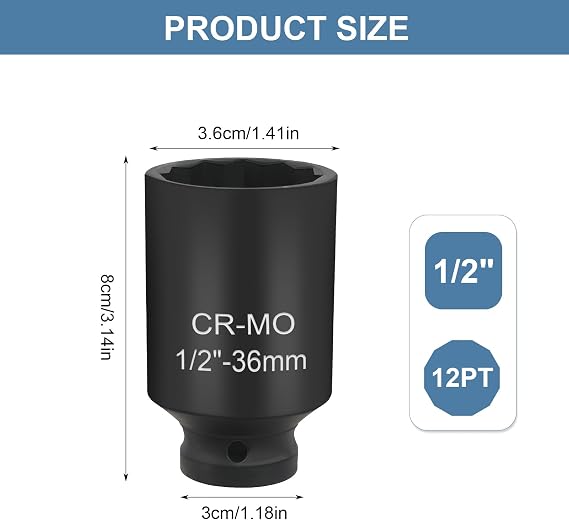 36mm Socket, 1/2 Drive, 12 Point Impact Socket for Axle Nuts