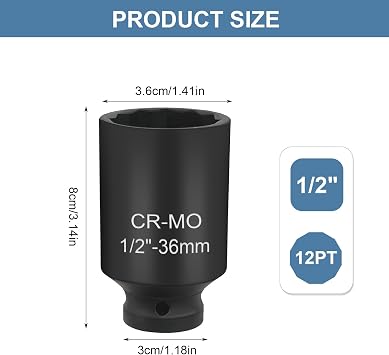 36mm Socket, 1/2 Drive, 12 Point Impact Socket for Axle Nuts