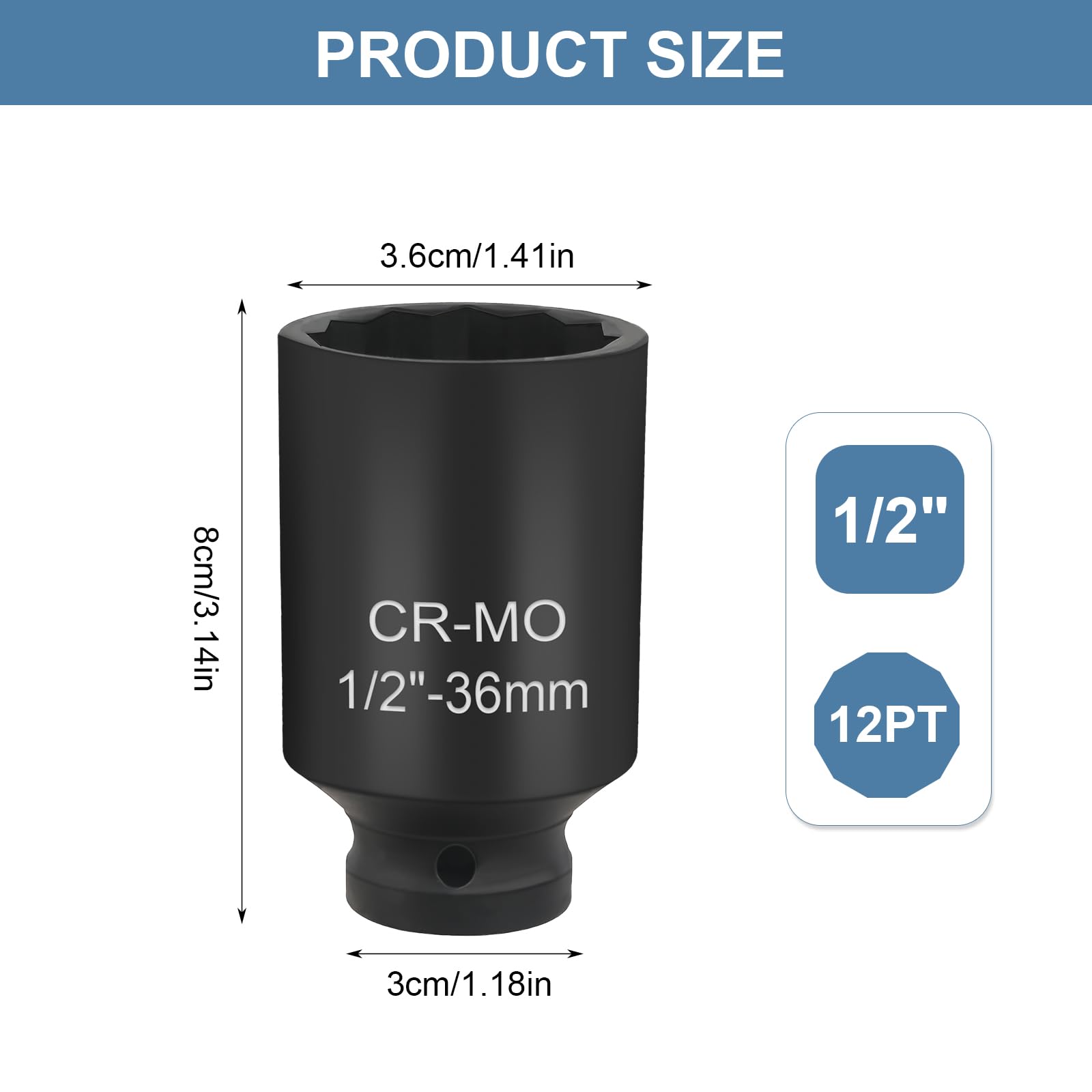 AOROPS 36mm Socket, 1/2" Drive, 12 Point Impact Socket for Axle Nuts - Image 2