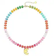 Initial Necklaces for Women, Beaded Necklaces for Women with Bubble Necklace Letter Stocking Stuffers for Teens Trendy Stuff Colorful Gemstone Choker 14k Gold Letter A-Z Pendant Summer Beach Christmas Birthday Jewelry for Her Girlfriend Sister