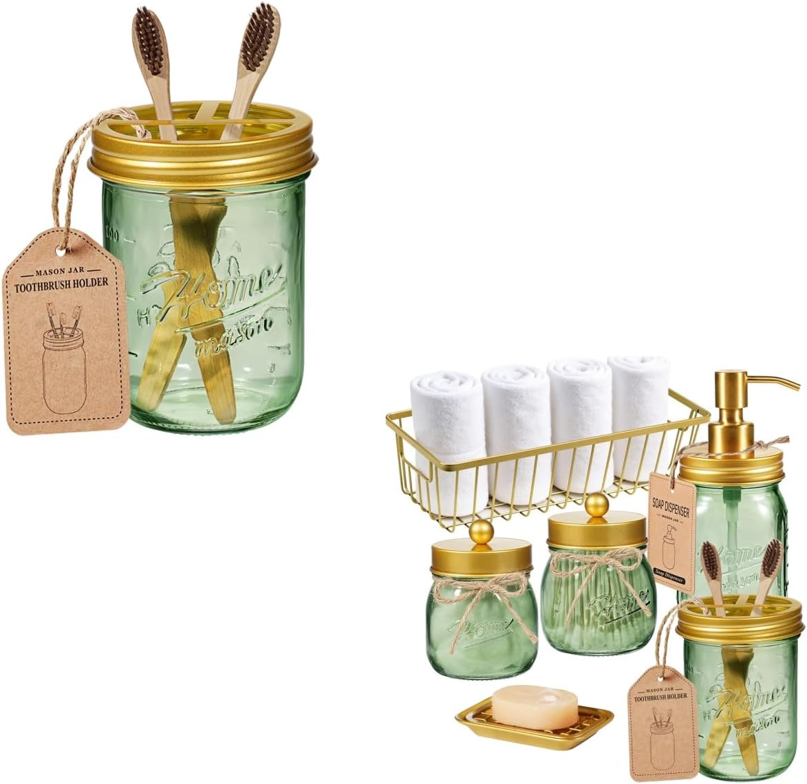 SheeChung 6Pcs Gold Mason Jar Bathroom Accessories Set, Qtip Holder, Soap Dispenser & 1 Mason Jar Toothbrush Holder, Bathroom Essentials, Stainless Steel, Green Bathroom Decor