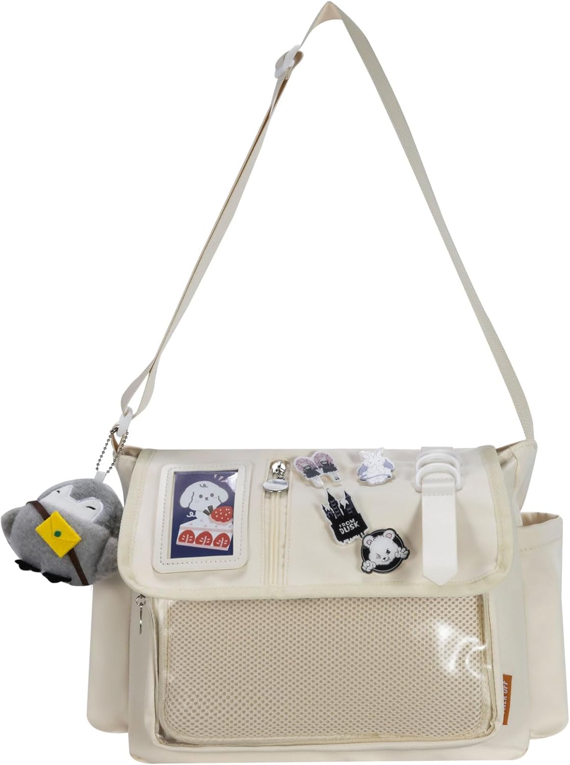 Kawaii Ita Bag for Women with Pin and Plush Penguin, Aesthetic Crossbody Bag With Anime Pins Display, Y2K Style Purse