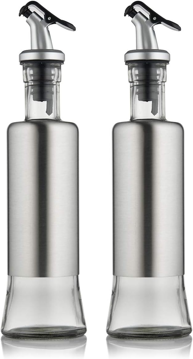 FARI 2 Pack Stainless Steel Olive Oil Dispenser Bottles, 2x300ml Glass Cooking Oil & Vinegar Cruet Set for Kitchen and BBQ